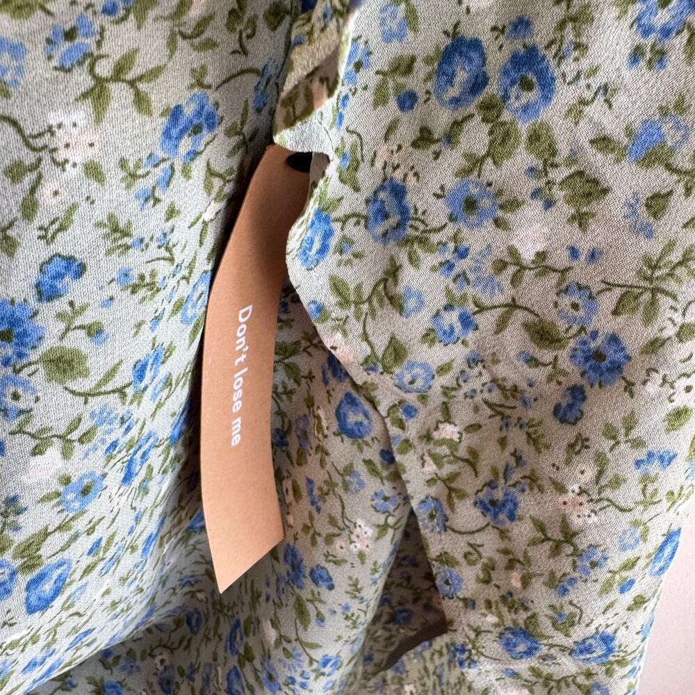 New Reformation Sable Smocked Dress Green Blue Floral Tie Strap Sleeveless Sz L - Picture 9 of 12